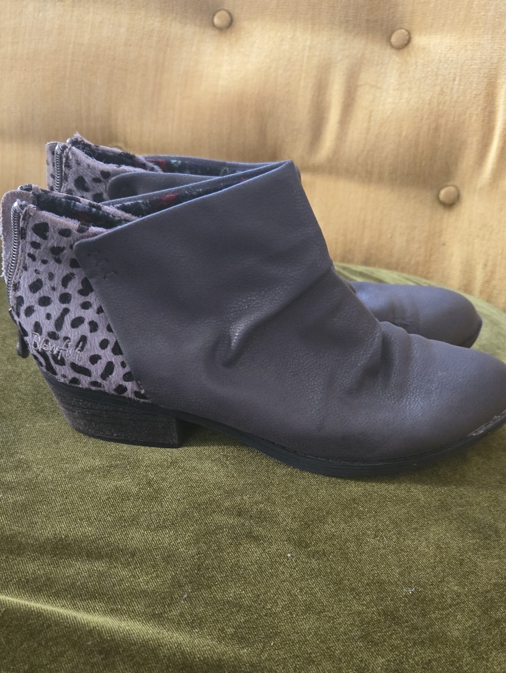 Blowfish Women's Slate Gray Ankle Booties with Leopard-Accent Heel